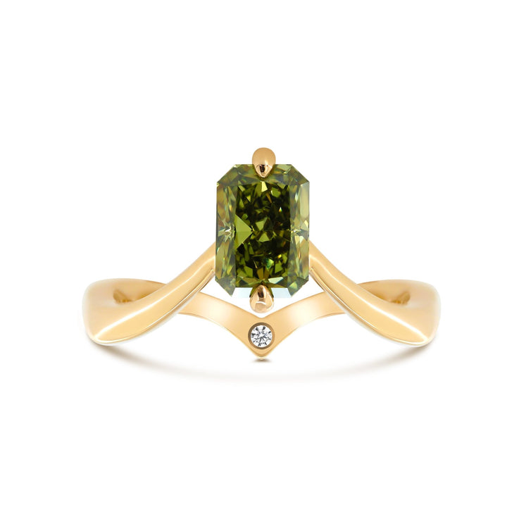 14K Yellow Gold Radiant Cut Green Lab Diamond Sylvan Crown Ring with a Hidden Round Diamond - FIORESE JEWELRY