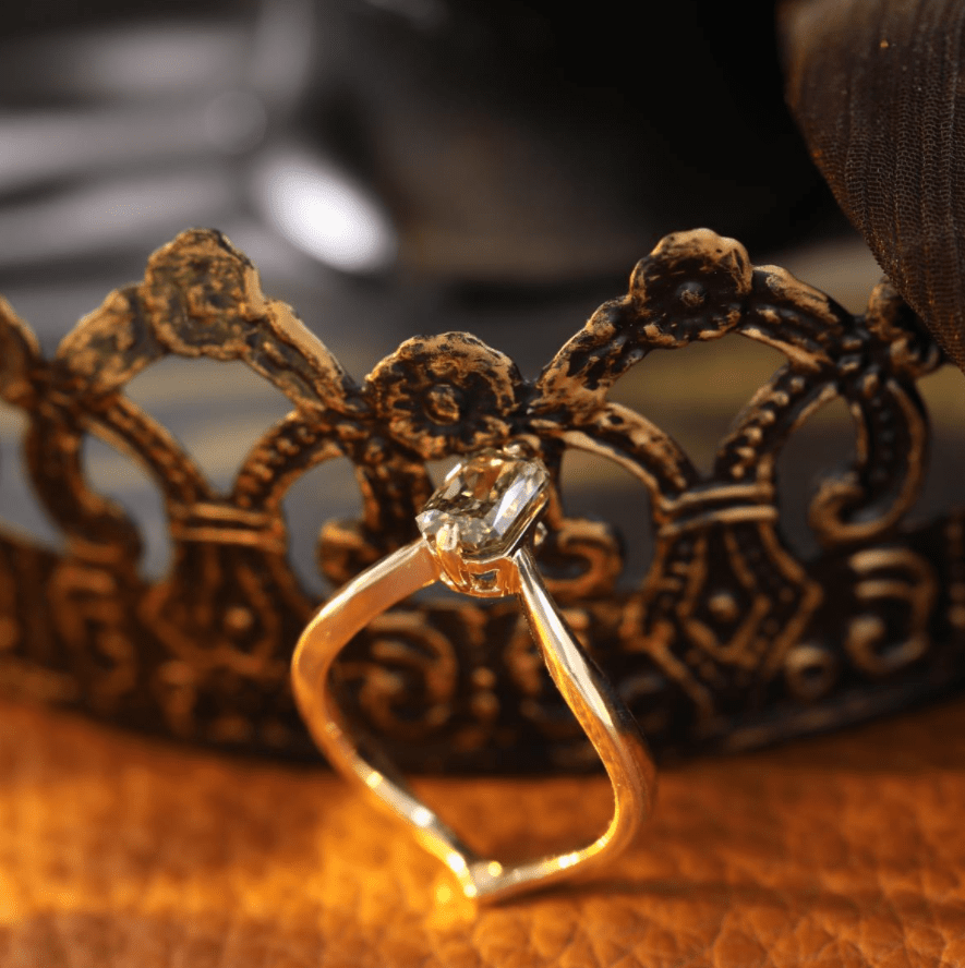 14K Yellow Gold Radiant Cut Green Lab Diamond Sylvan Crown Ring with a Hidden Round Diamond