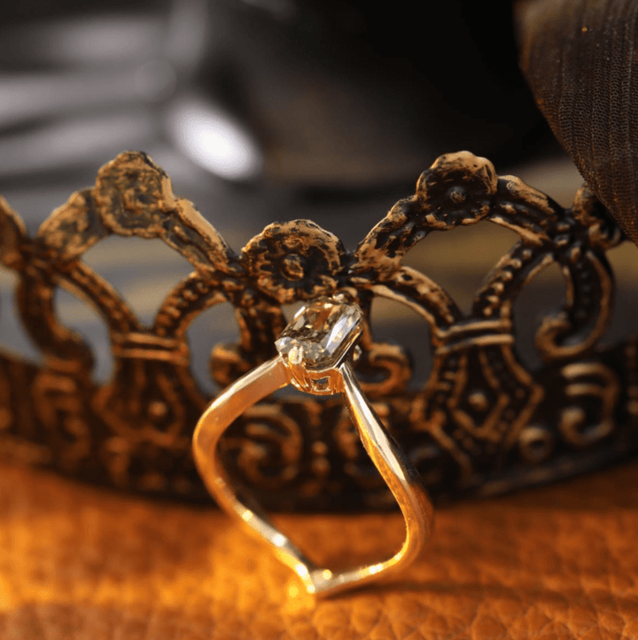 14K Yellow Gold Radiant Cut Green Lab Diamond Sylvan Crown Ring with a Hidden Round Diamond - FIORESE JEWELRY