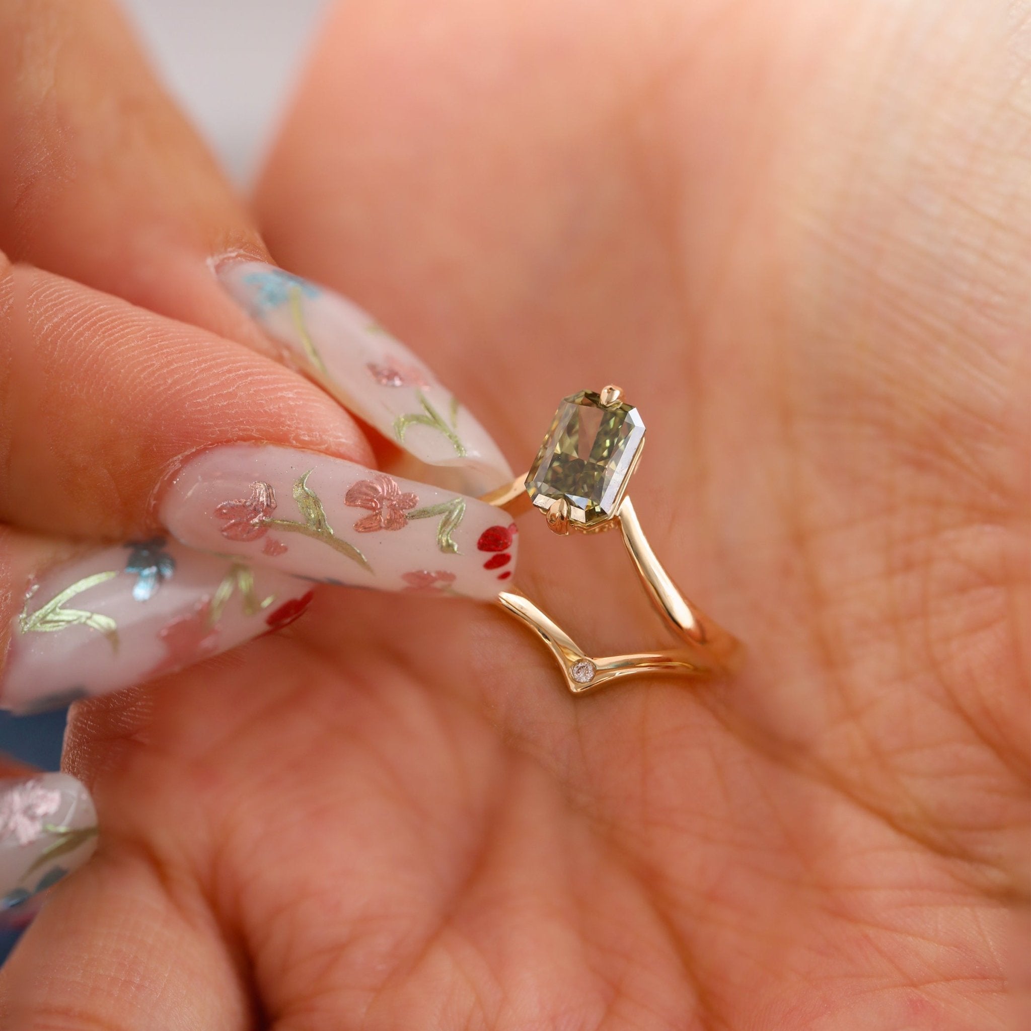 14K Yellow Gold Radiant Cut Green Lab Diamond Sylvan Crown Ring with a Hidden Round Diamond