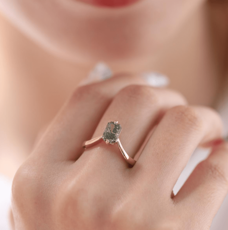 14K Yellow Gold Radiant Cut Green Lab Diamond Sylvan Crown Ring with a Hidden Round Diamond - FIORESE JEWELRY