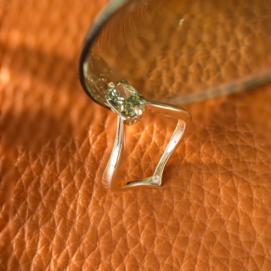 14K Yellow Gold Radiant Cut Green Lab Diamond Sylvan Crown Ring with a Hidden Round Diamond - FIORESE JEWELRY