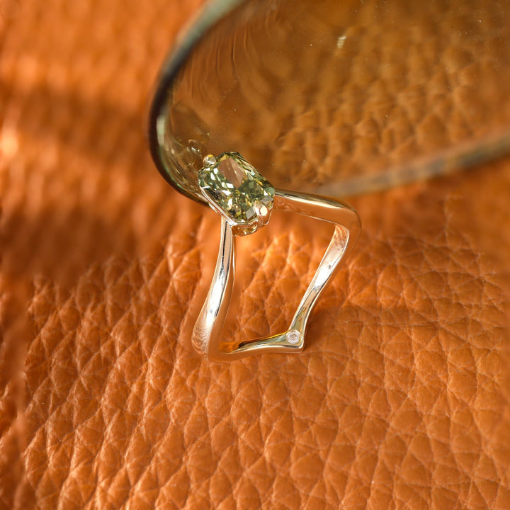 14K Yellow Gold Radiant Cut Green Lab Diamond Sylvan Crown Ring with a Hidden Round Diamond - FIORESE JEWELRY