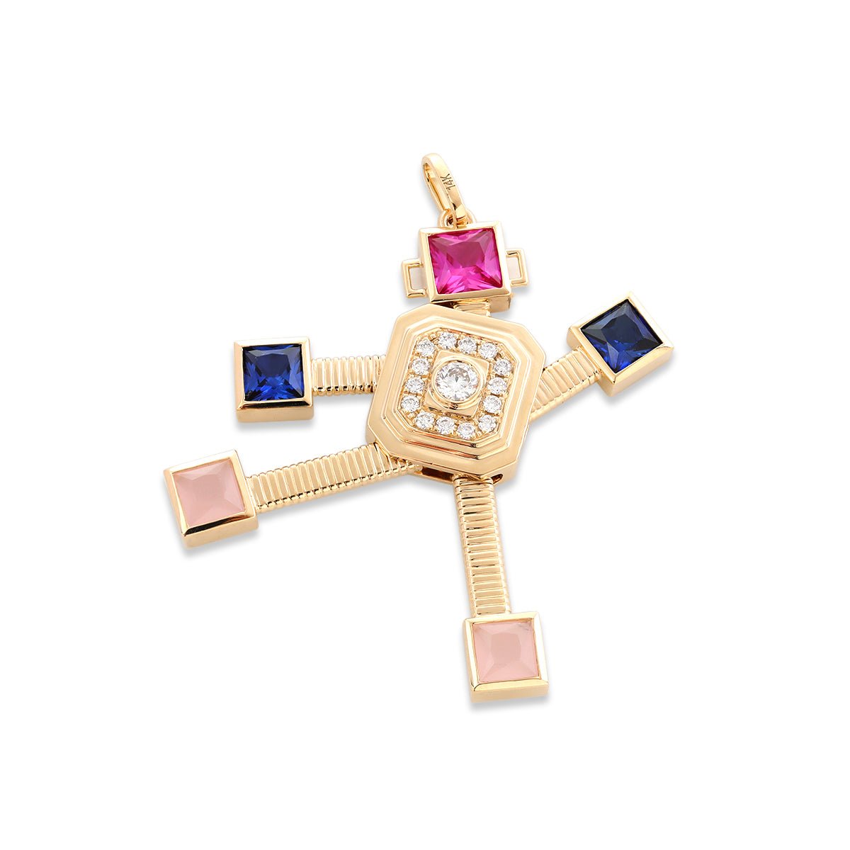 14K Yellow Gold Robot Pendant Necklace with Round Lab Diamond and Color Princess Cut Lab Corundom - FIORESE JEWELRY