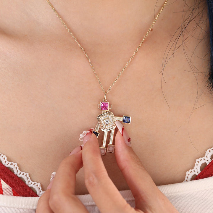 14K Yellow Gold Robot Pendant Necklace with Round Lab Diamond and Color Princess Cut Lab Corundom - FIORESE JEWELRY