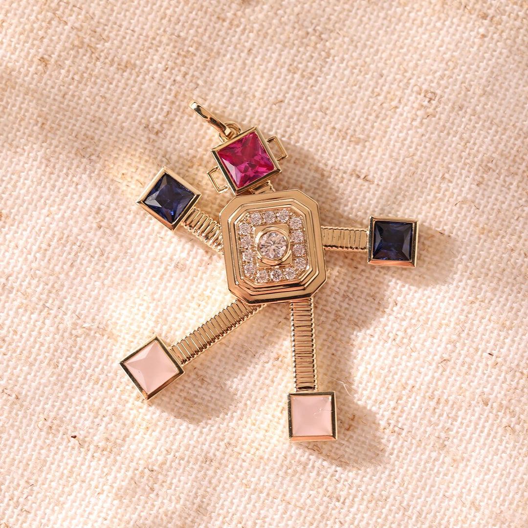 14K Yellow Gold Robot Pendant Necklace with Round Lab Diamond and Color Princess Cut Lab Corundom - FIORESE JEWELRY