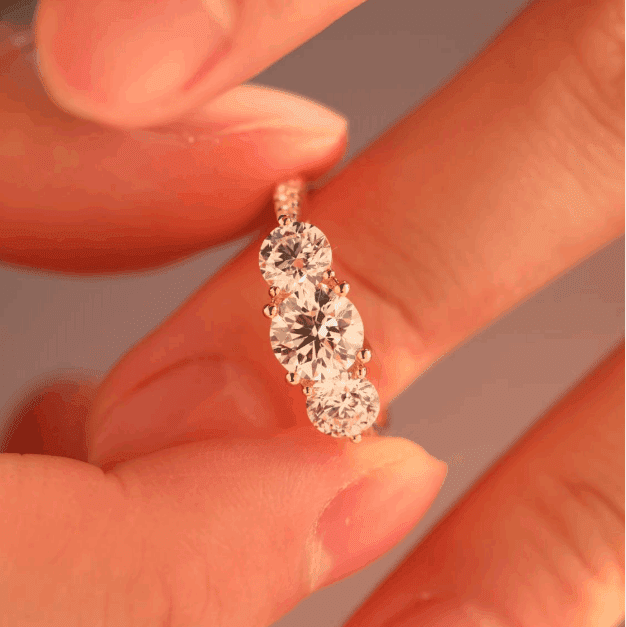 14K Yellow Gold Round Brilliant Cut Lab Diamond Pave Three Stone Ring - FIORESE JEWELRY