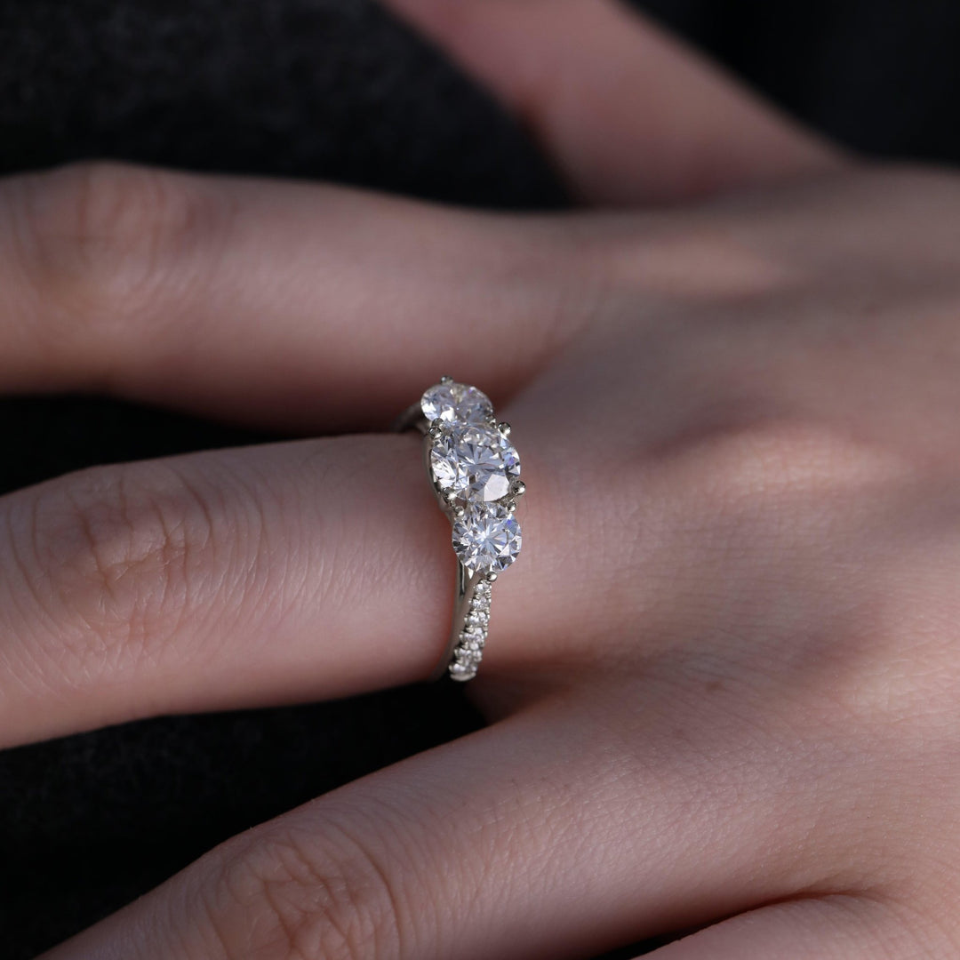14K Yellow Gold Round Brilliant Cut Lab Diamond Pave Three Stone Ring - FIORESE JEWELRY