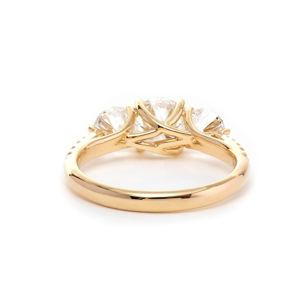 14K Yellow Gold Round Brilliant Cut Lab Diamond Pave Three Stone Ring - FIORESE JEWELRY