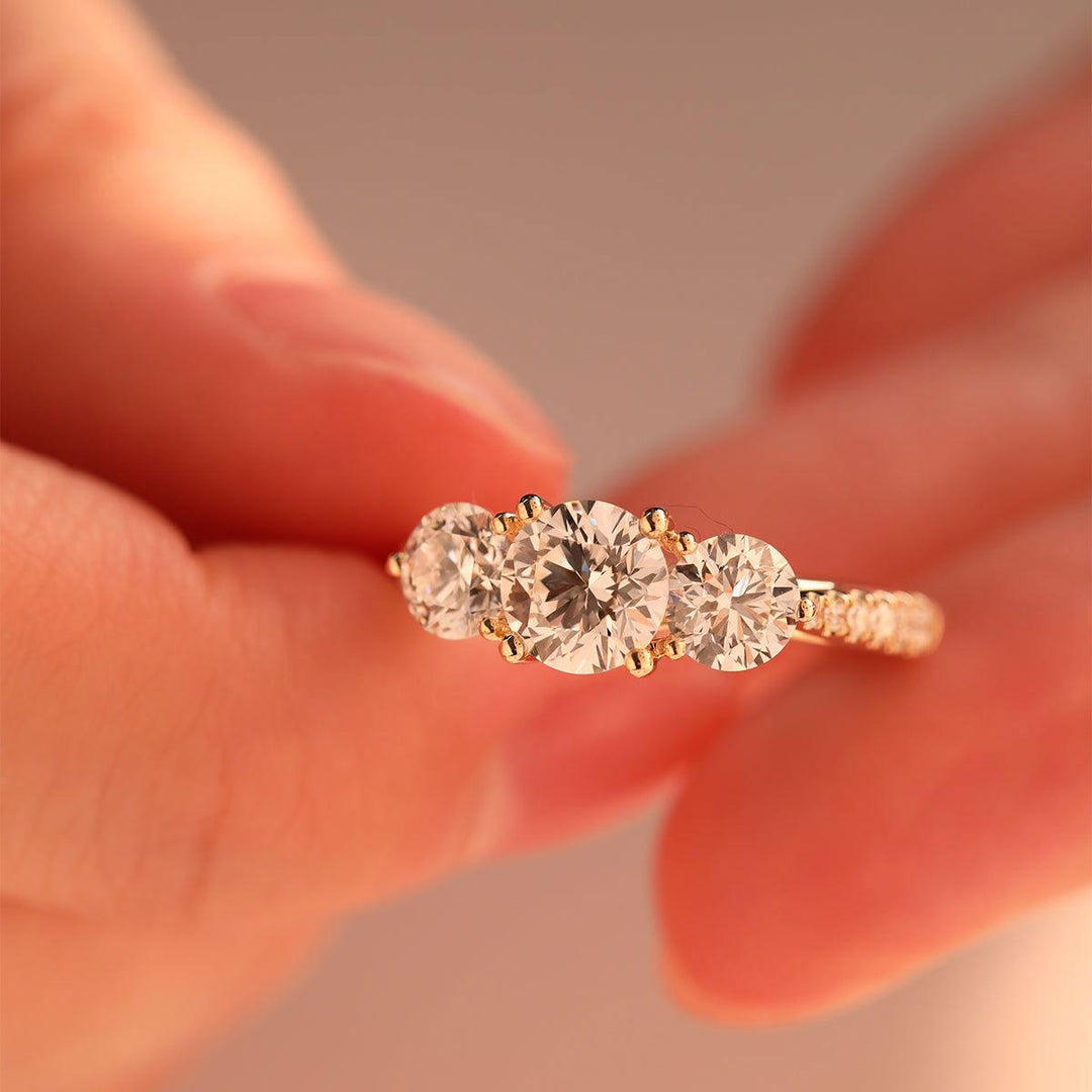 14K Yellow Gold Round Brilliant Cut Lab Diamond Pave Three Stone Ring - FIORESE JEWELRY