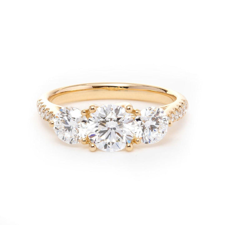 14K Yellow Gold Round Brilliant Cut Lab Diamond Pave Three Stone Ring - FIORESE JEWELRY