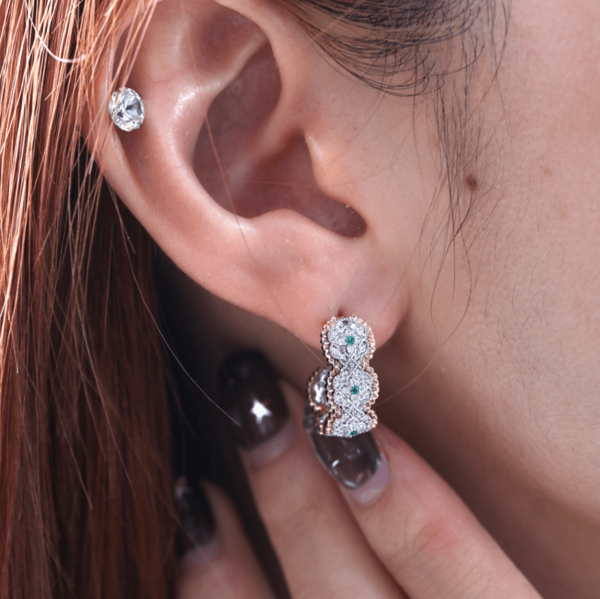 14K Yellow Gold Round Cut Lab Diamond and Round Lab Zambian Emerald Victorian Stud Drop Earrings - FIORESE JEWELRY