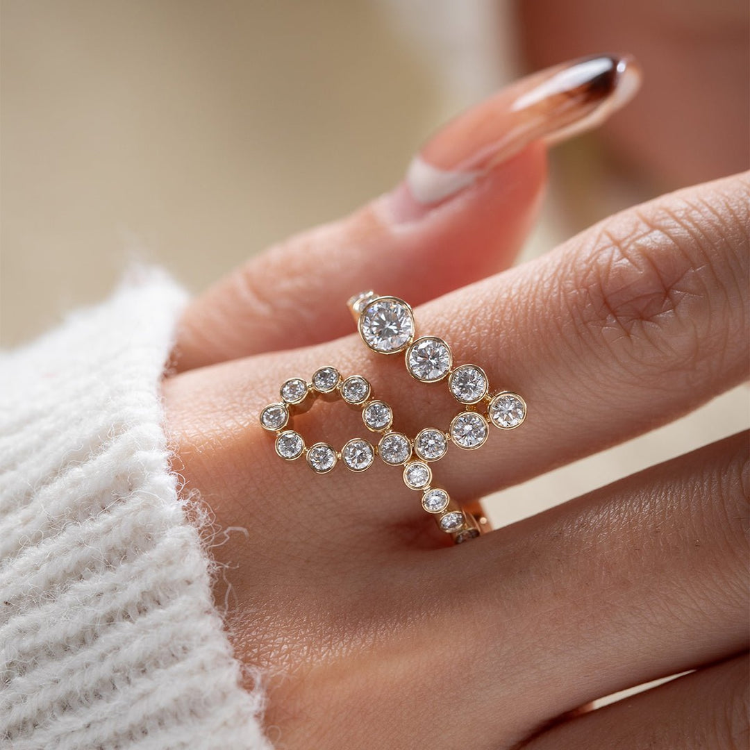 14K Yellow Gold Round Diamond Bezel Ring in J initial - inspired Design - FIORESE JEWELRY