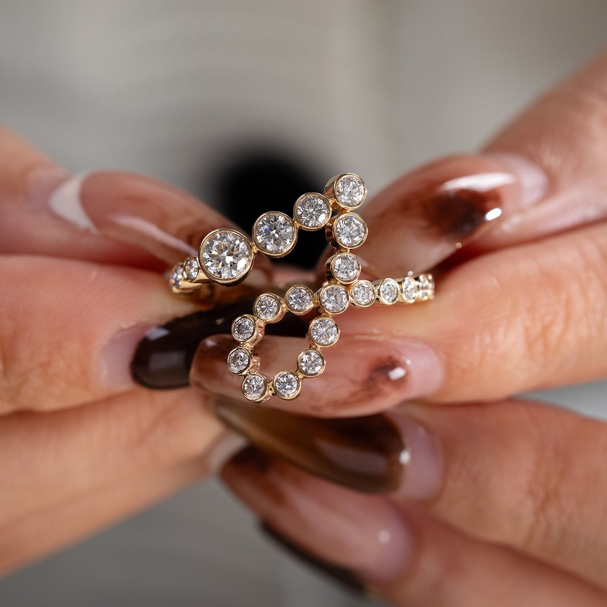 14K Yellow Gold Round Diamond Bezel Ring in J initial-inspired Design