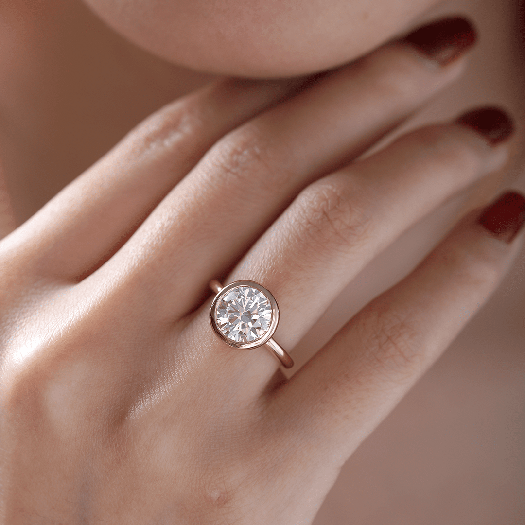 14K Yellow Gold Round Lab Diamond Bezel Crowm Basket Solitaire Ring - FIORESE JEWELRY