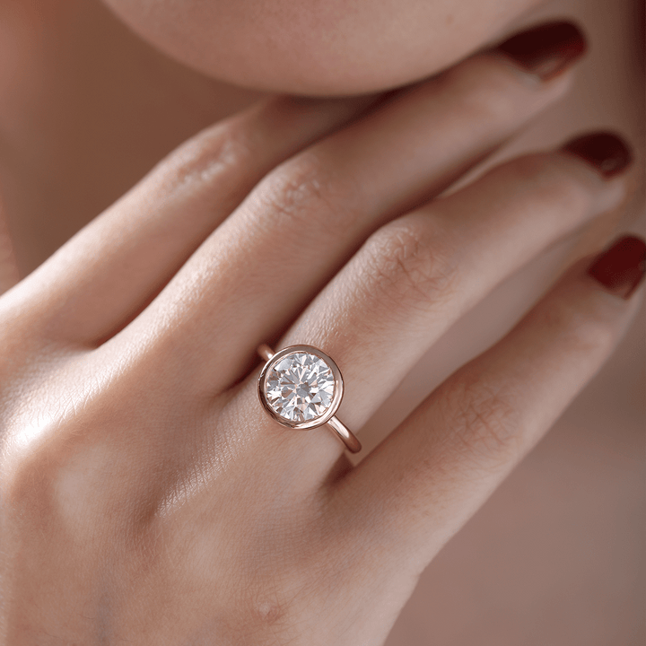 14K Yellow Gold Round Lab Diamond Bezel Crowm Basket Solitaire Ring - FIORESE JEWELRY