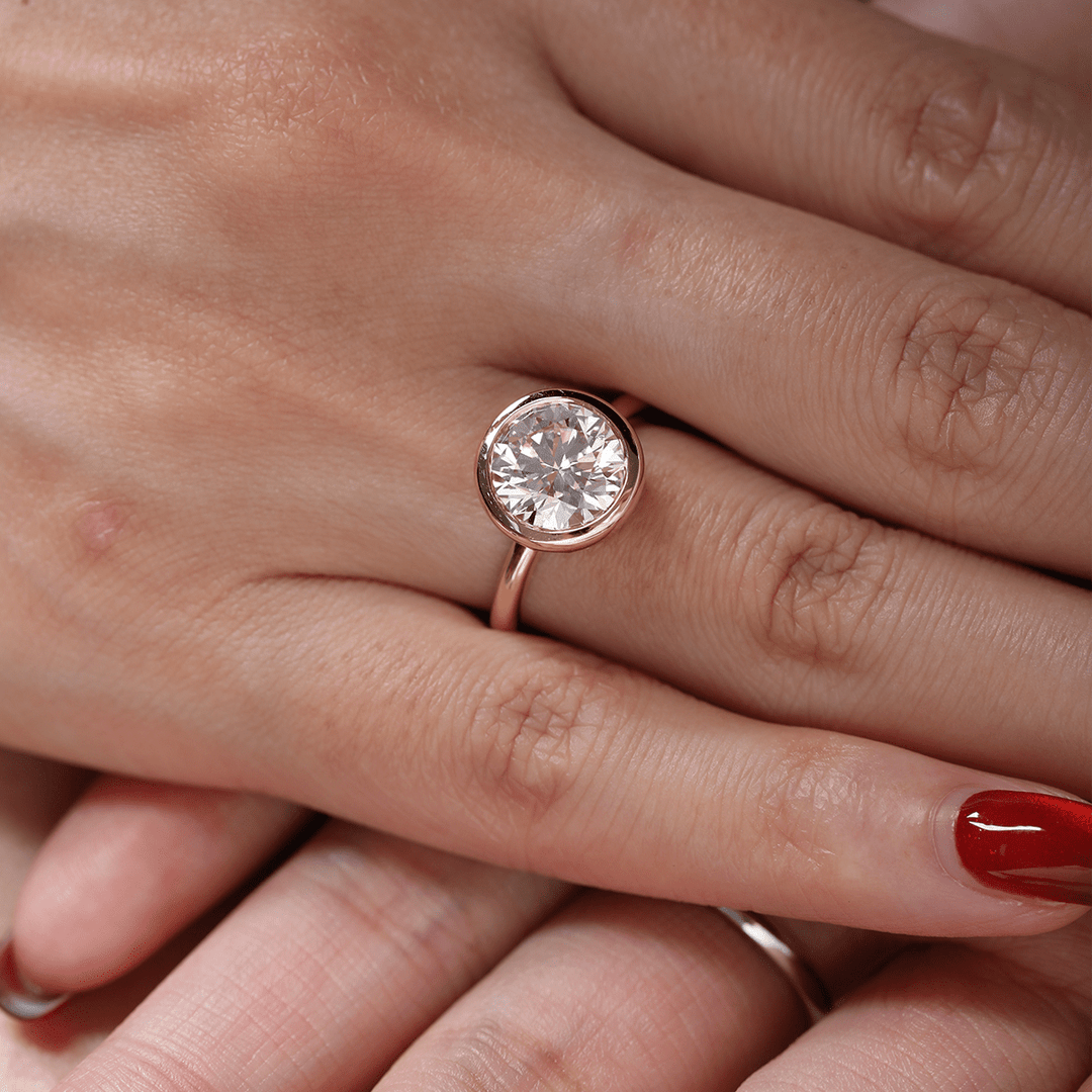 14K Yellow Gold Round Lab Diamond Bezel Crowm Basket Solitaire Ring - FIORESE JEWELRY