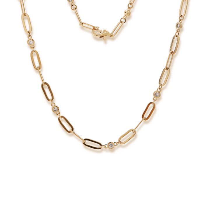 14K Yellow Gold Round Lab Diamond Cross Squashed Chain Station Necklace - FIORESE JEWELRY