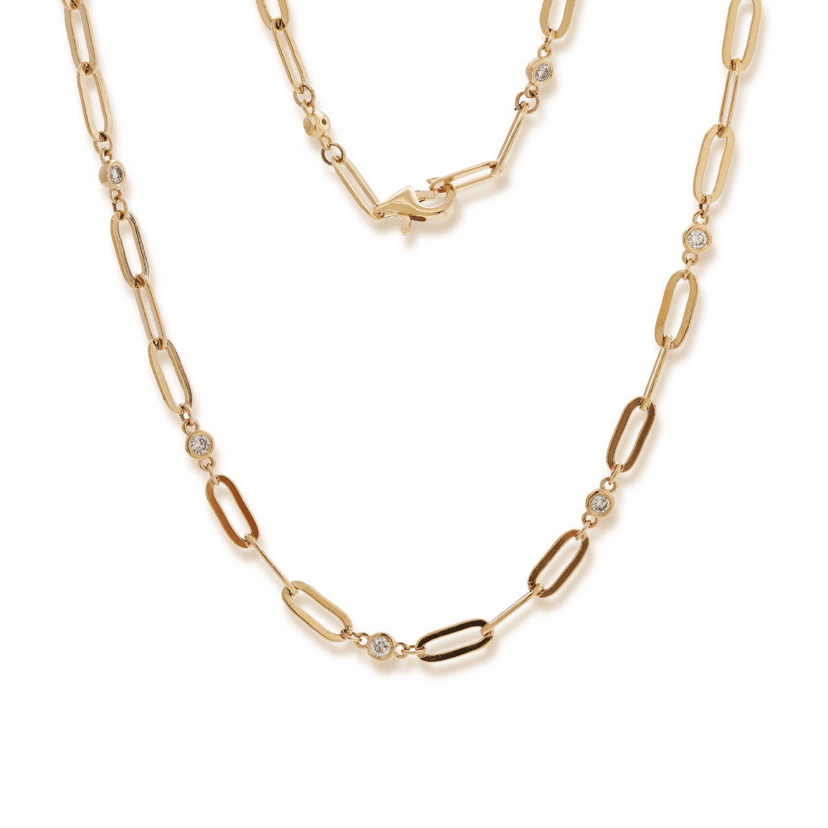 14K Yellow Gold Round Lab Diamond Cross Squashed Chain Station Necklace - FIORESE JEWELRY