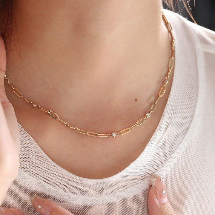 14K Yellow Gold Round Lab Diamond Cross Squashed Chain Station Necklace - FIORESE JEWELRY
