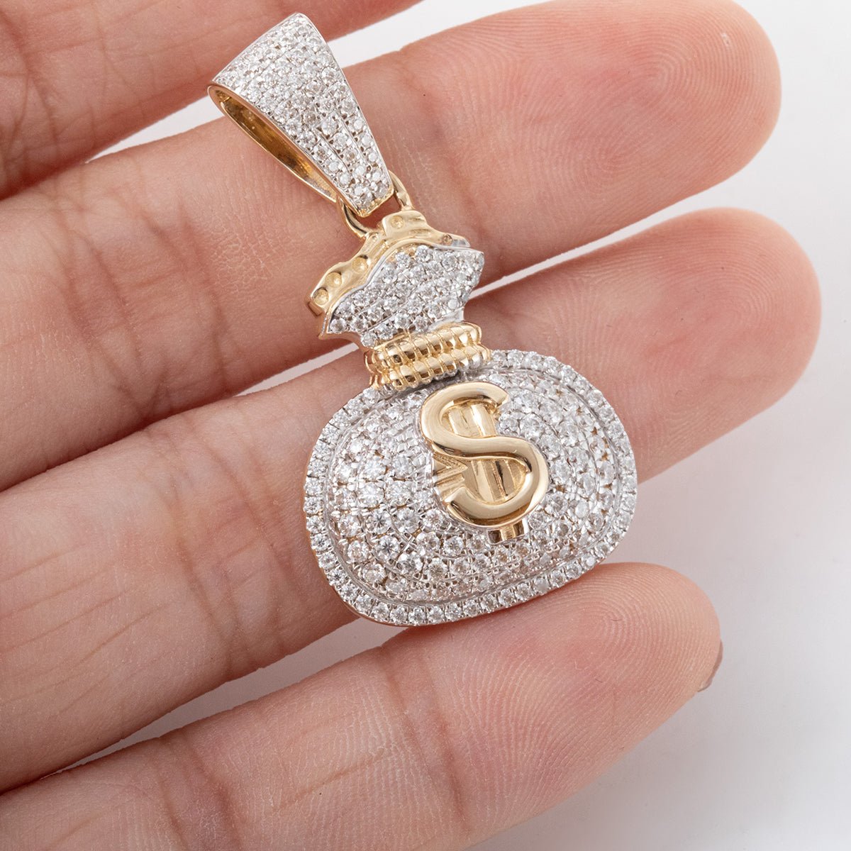 14K Yellow Gold Round Lab Diamond Money Bag Pendant Necklace with White Gold - plated Prongs - FIORESE JEWELRY