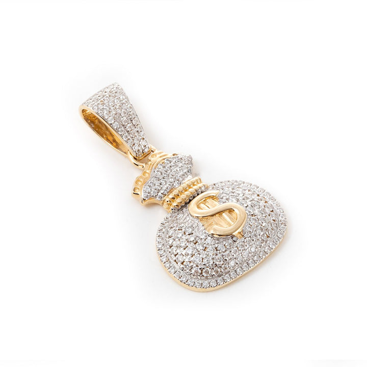 14K Yellow Gold Round Lab Diamond Money Bag Pendant Necklace with White Gold - plated Prongs - FIORESE JEWELRY
