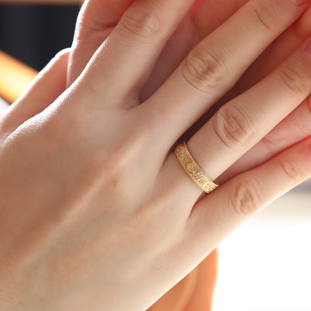 14K Yellow Gold Wedding Ring – Art Nouveau Nature - Inspired Design - FIORESE JEWELRY