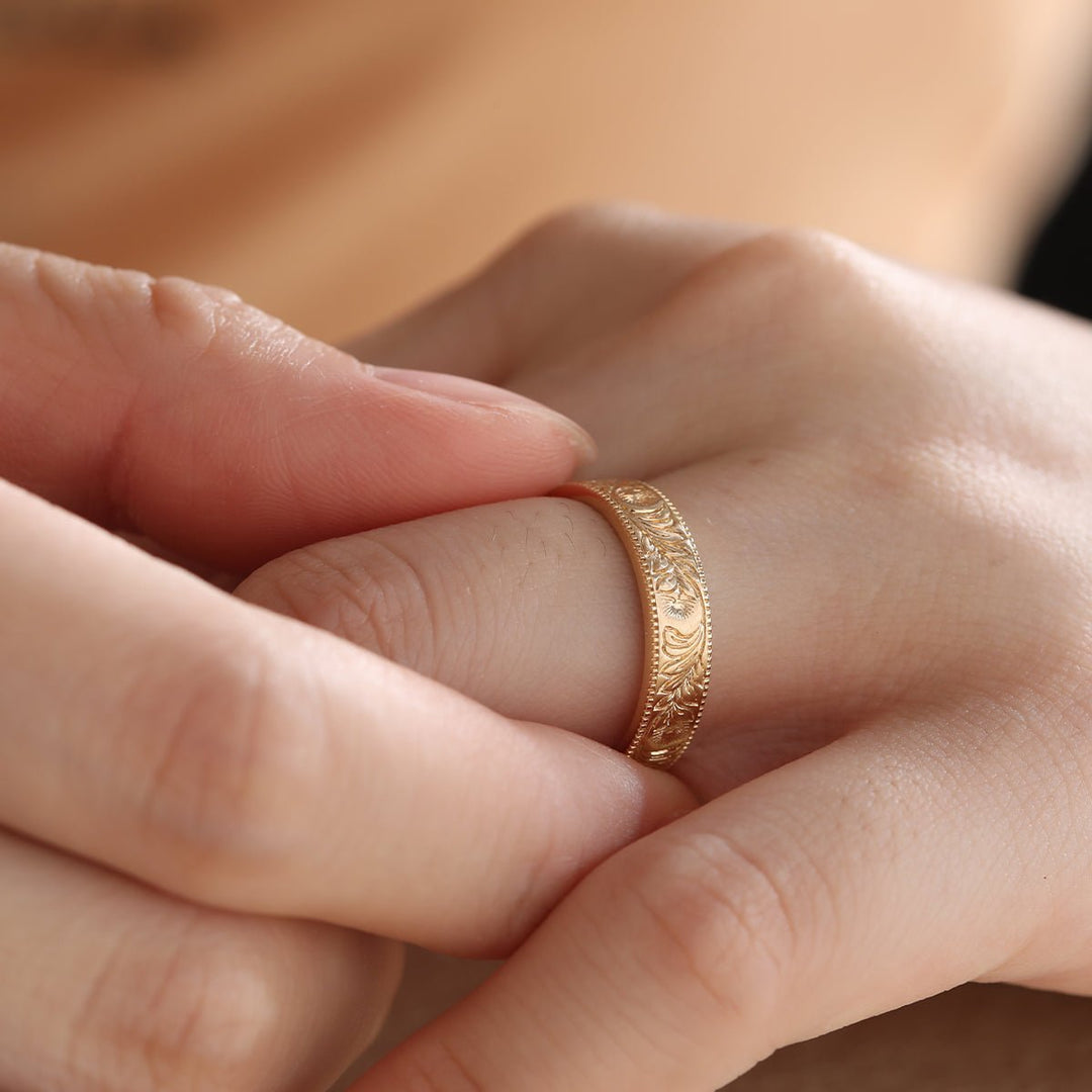 14K Yellow Gold Wedding Ring – Art Nouveau Nature - Inspired Design - FIORESE JEWELRY