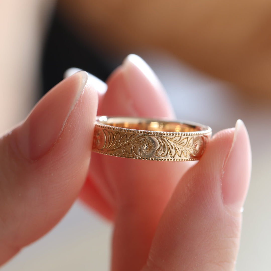 14K Yellow Gold Wedding Ring – Art Nouveau Nature - Inspired Design - FIORESE JEWELRY