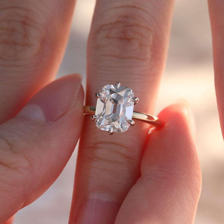 14k Yellow Gold &amp; White Gold 3ct Elongated Old Mine Cut Lab Diamond Floral Basket Solitaire Ring - FIORESE JEWELRY