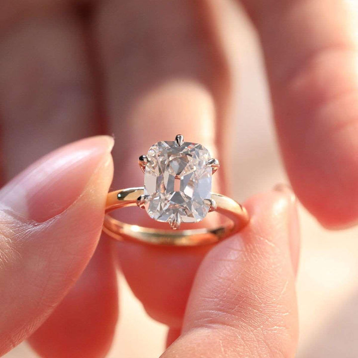 14k Yellow Gold &amp; White Gold 3ct Elongated Old Mine Cut Lab Diamond Floral Basket Solitaire Ring - FIORESE JEWELRY
