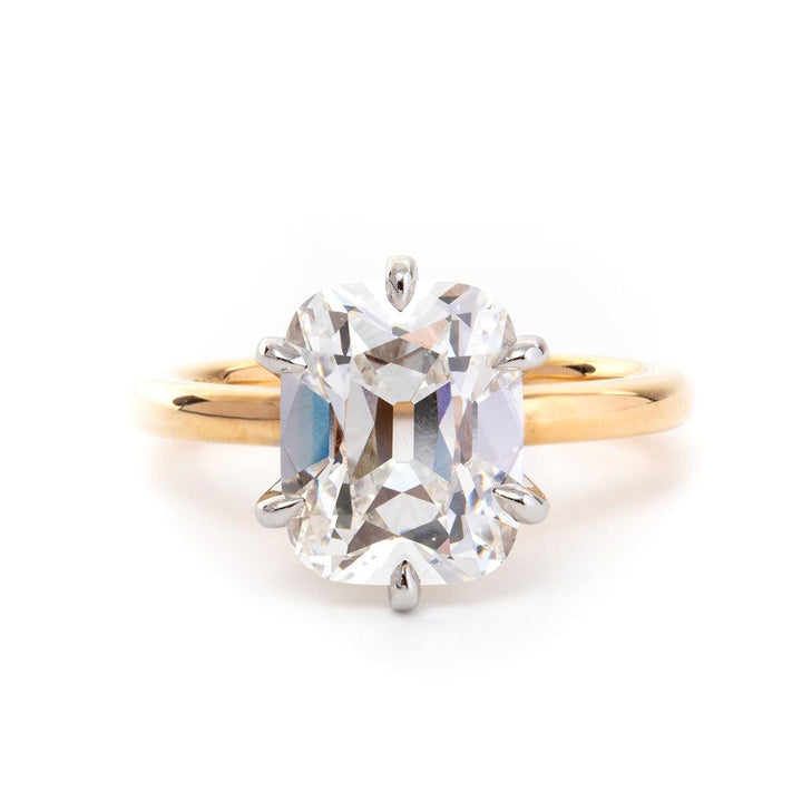 14k Yellow Gold &amp; White Gold 3ct Elongated Old Mine Cut Lab Diamond Floral Basket Solitaire Ring - FIORESE JEWELRY