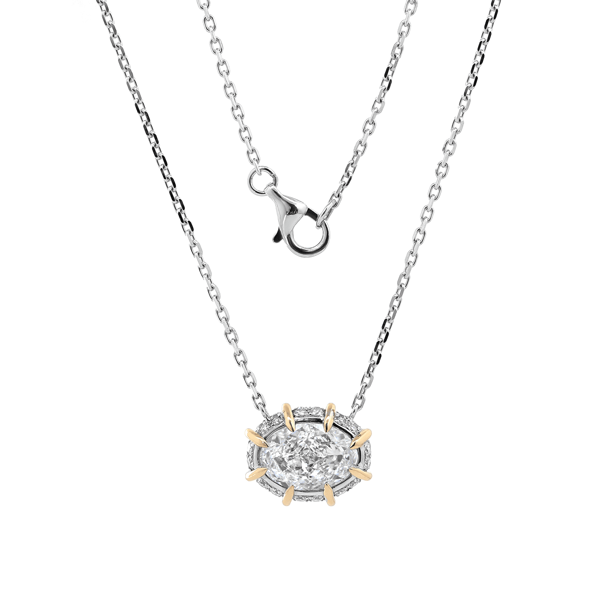 14K Yellow & White Gold 2.5ct Oval Cut Lab Diamond Halo Pendant Necklace - FIORESE JEWELRY