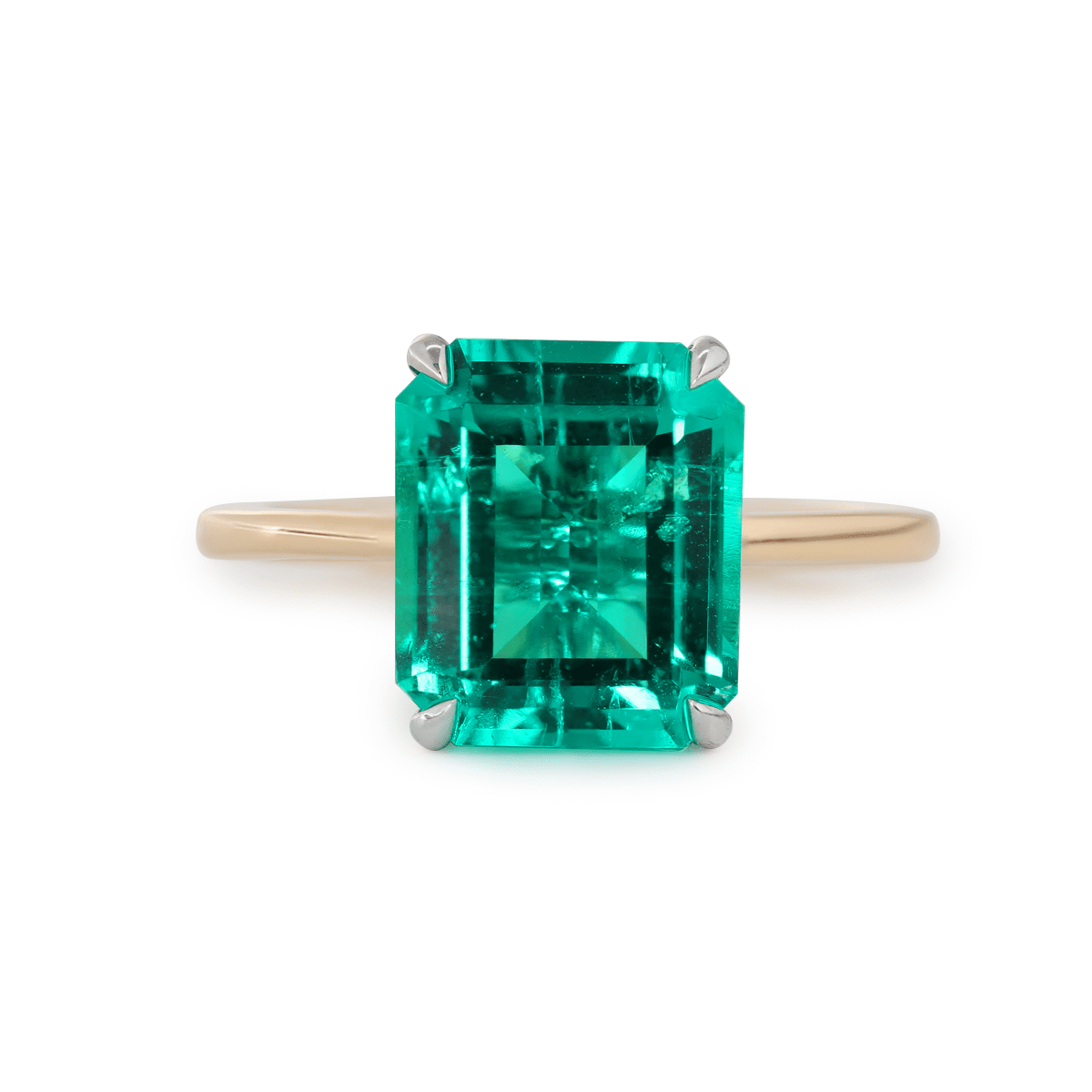 14K Yellow & White Gold 3ct Zambian Lab Emerald 4 Claw Prongs Hidden Halo Engagement Ring - FIORESE JEWELRY