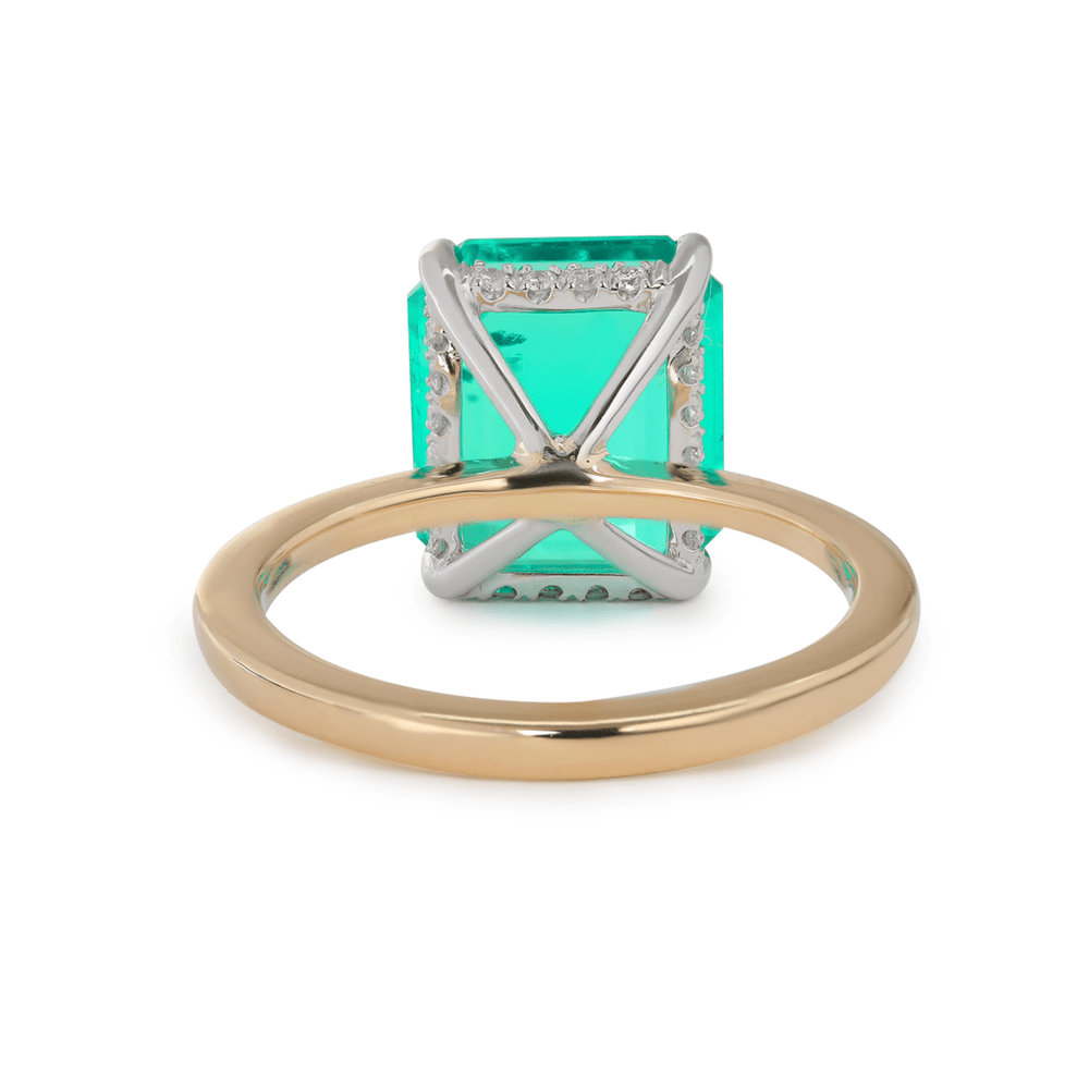 14K Yellow & White Gold 3ct Zambian Lab Emerald 4 Claw Prongs Hidden Halo Engagement Ring - FIORESE JEWELRY