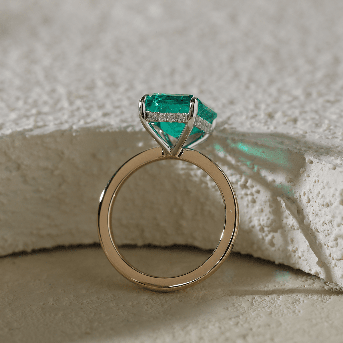 14K Yellow & White Gold 3ct Zambian Lab Emerald 4 Claw Prongs Hidden Halo Engagement Ring