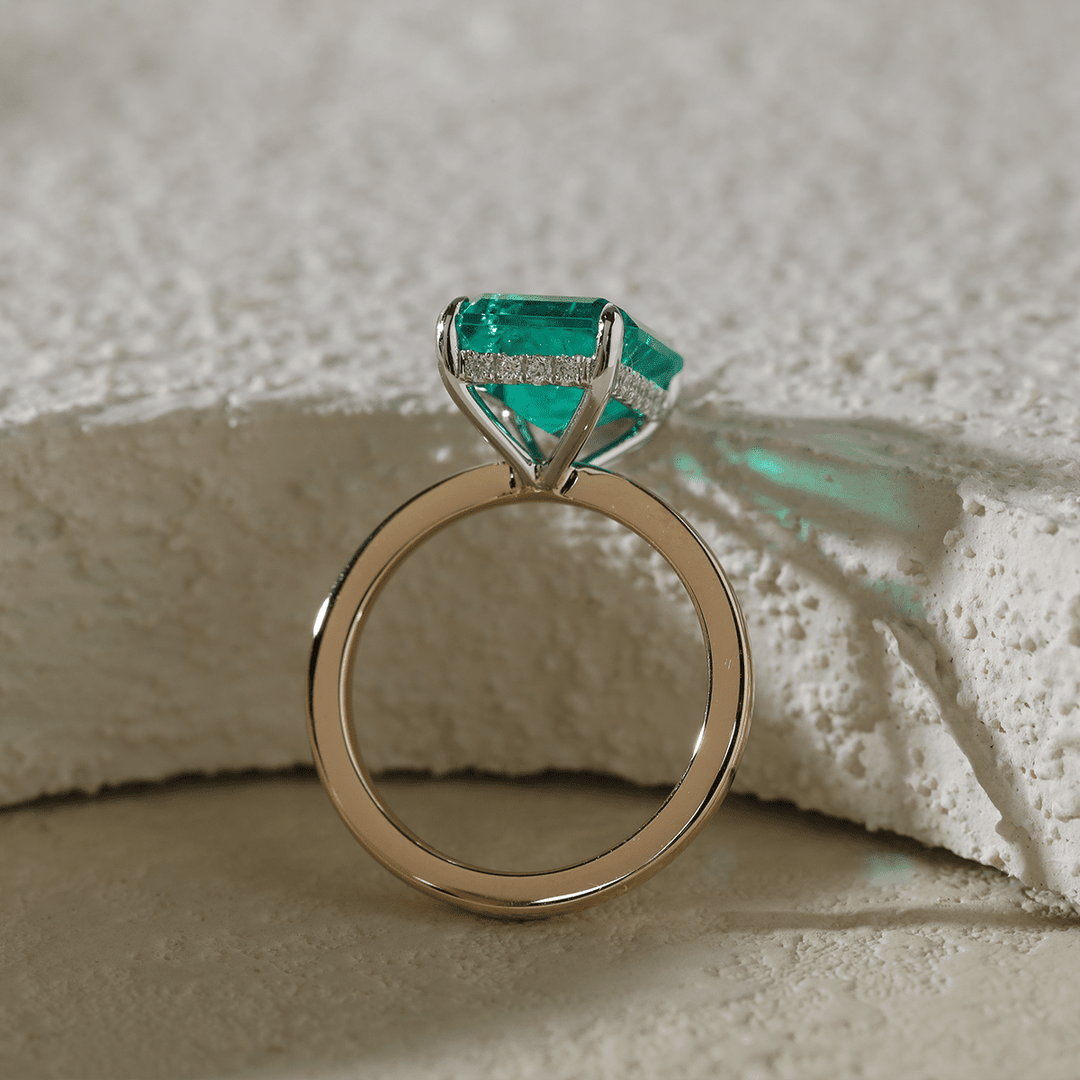 14K Yellow &amp; White Gold 3ct Zambian Lab Emerald 4 Claw Prongs Hidden Halo Engagement Ring - FIORESE JEWELRY