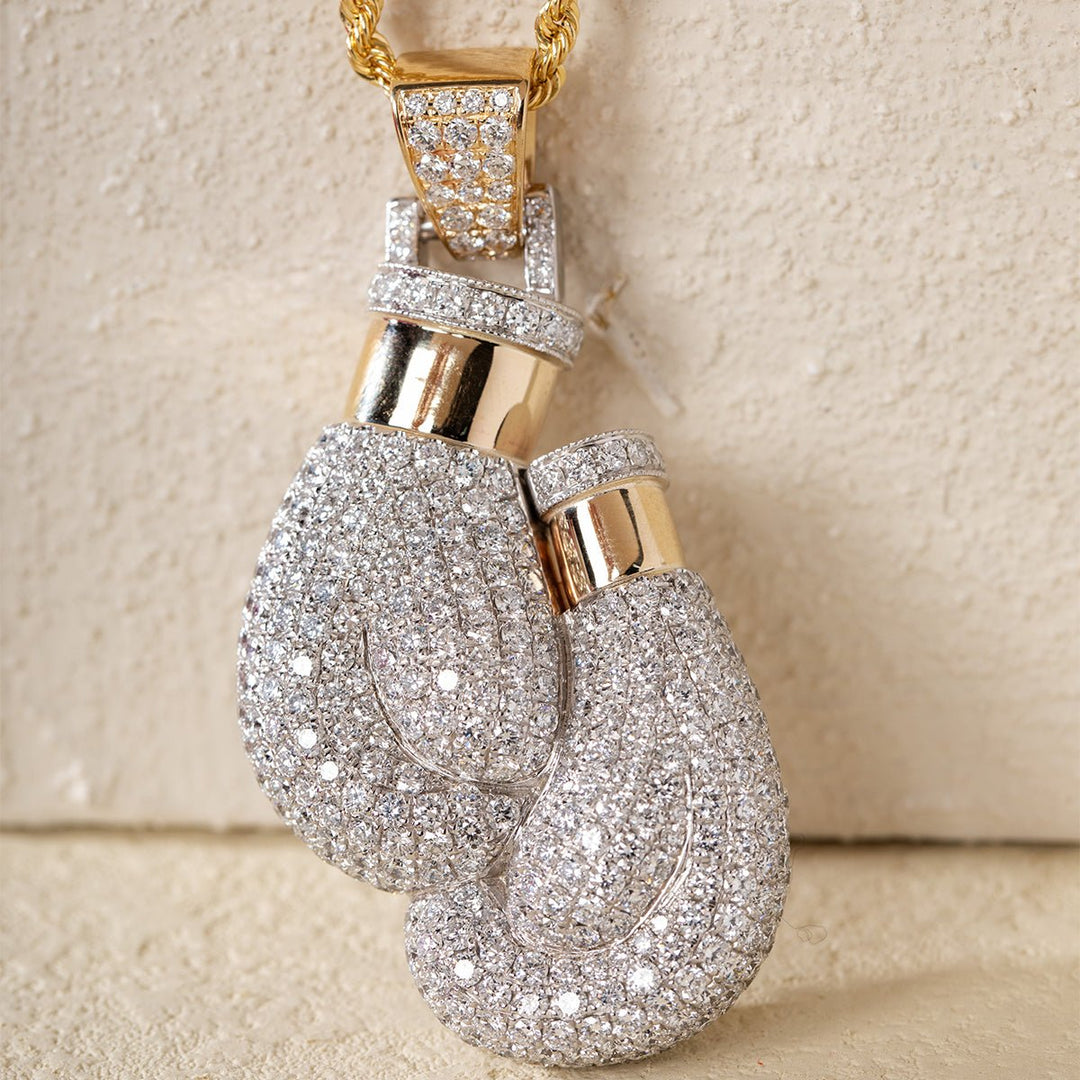 14K Yellow &amp; White Gold Lab Diamond Boxing Gloves Pendant – Hip Hop Iced Out Necklace - FIORESE JEWELRY