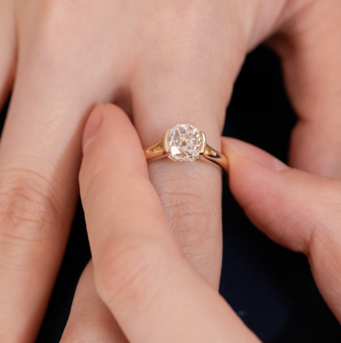 14K Yellow Gold 2ct Old Mine Cut Lab Diamond Half Bezel Ring with Knot Design