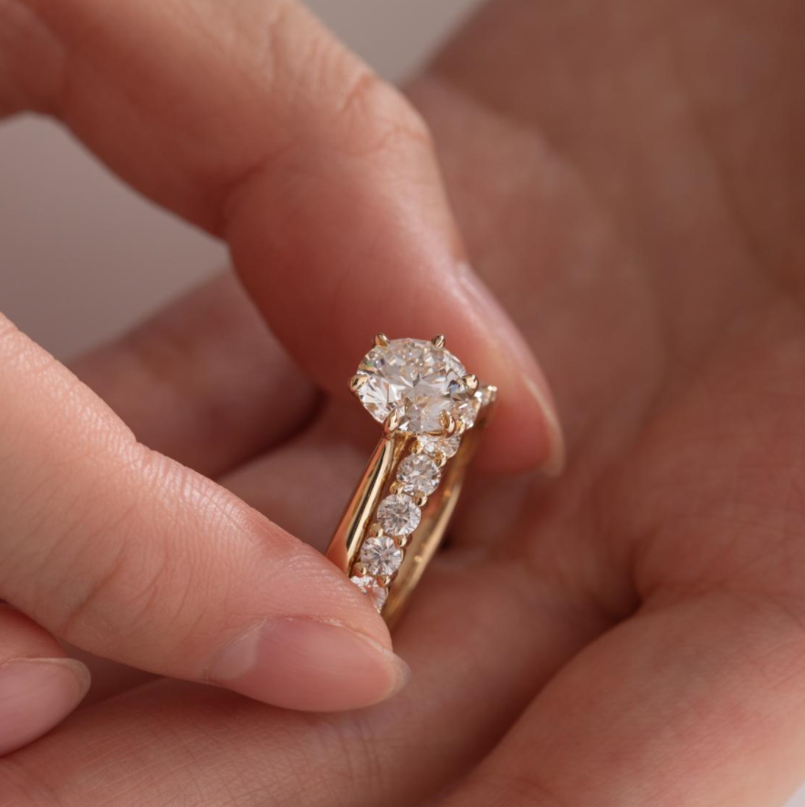 Round Lab Diamond 6-Prong Floral Bridal Set — Engagement Ring with 9-Stone Matching Band