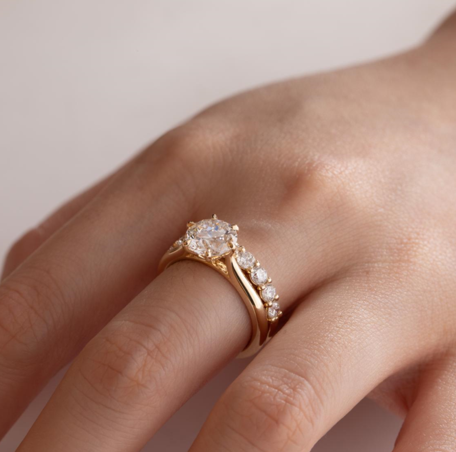 Round Lab Diamond 6-Prong Floral Bridal Set — Engagement Ring with 9-Stone Matching Band