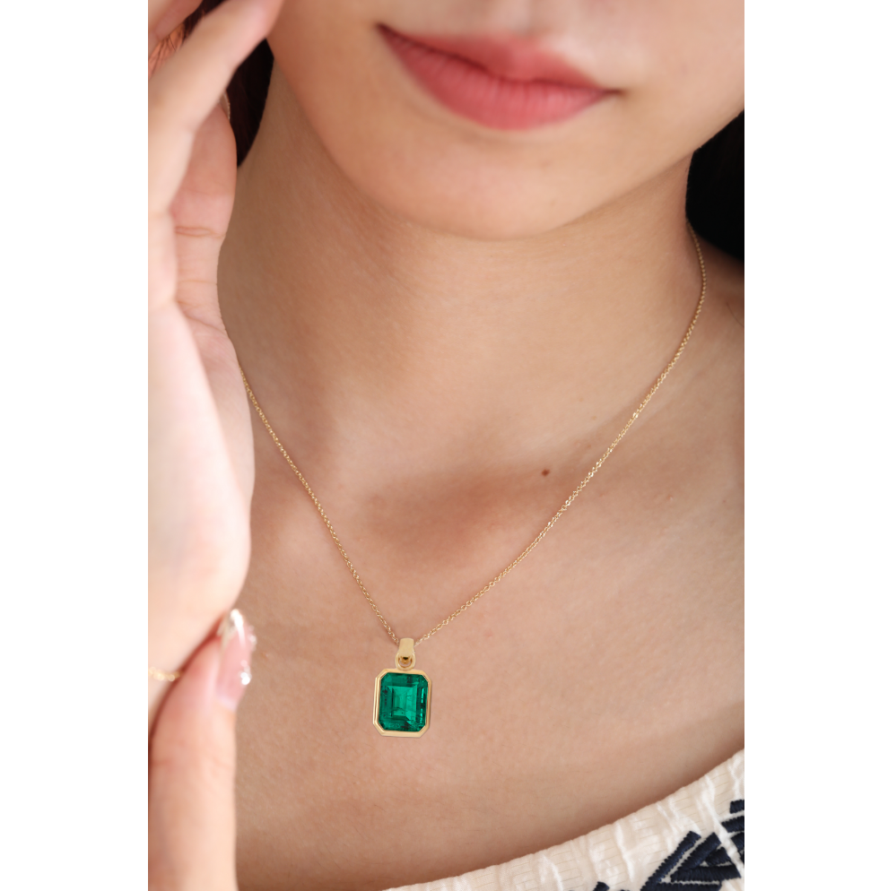 Merry Christmas Specials 14K Yellow Gold 4ct Emerald Cut Lab Emerald Bezel Pendant Necklace