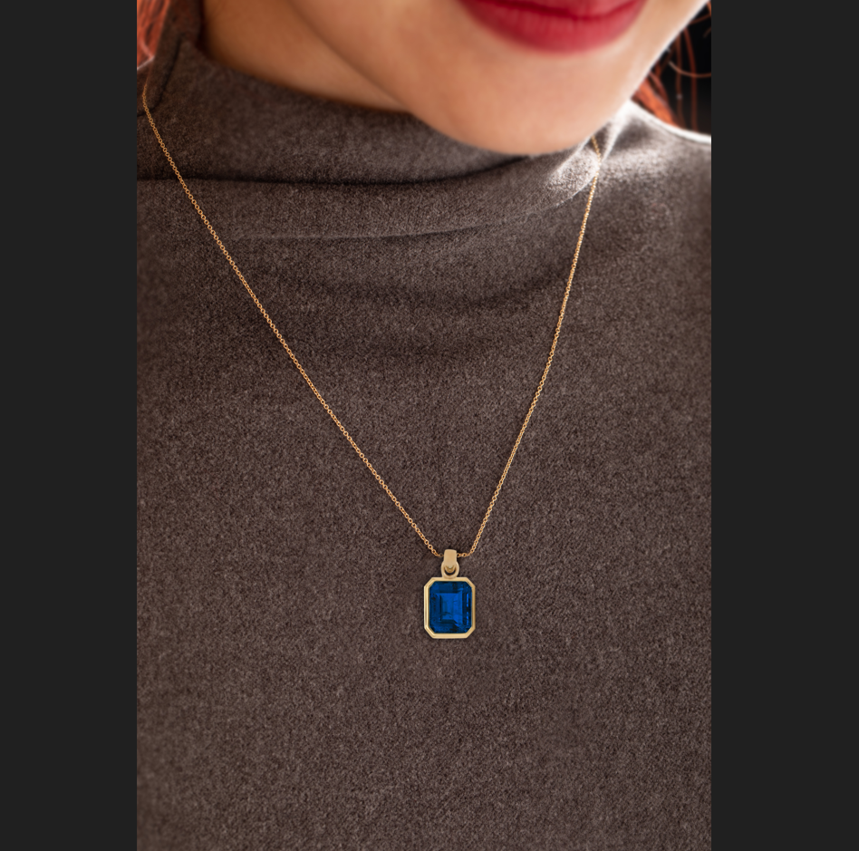 Merry Christmas Specials 14K Yellow Gold 6ct Emerald Cut Lab Sapphire Bezel Pendant Necklace