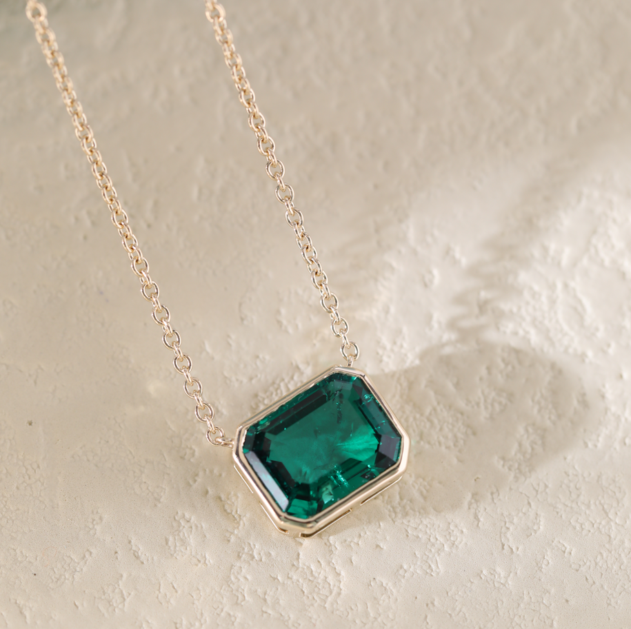 Merry Christmas Specials 14K Yellow Gold 3ct Emerald Cut Lab Emerald Bezel Pendant Necklace