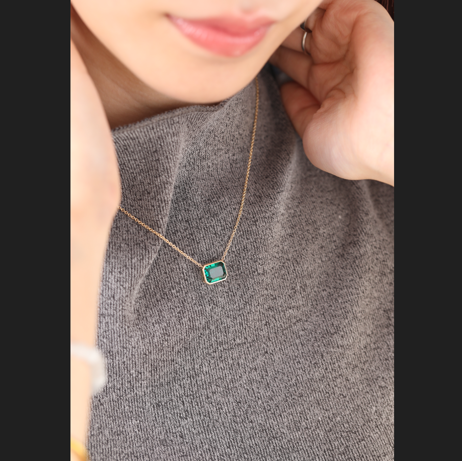 Merry Christmas Specials 14K Yellow Gold 3ct Emerald Cut Lab Emerald Bezel Pendant Necklace