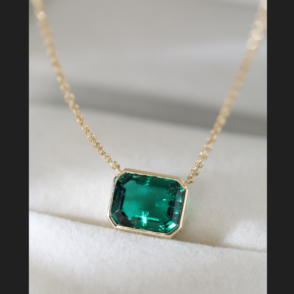 Merry Christmas Specials 14K Yellow Gold 3ct Emerald Cut Lab Emerald Bezel Pendant Necklace