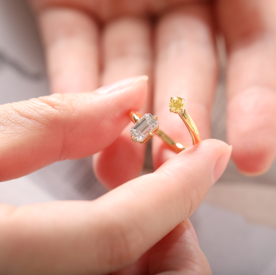 14K Yellow Gold Emerald Cut Lab Diamond & Round Citrine Toi et Moi Ring