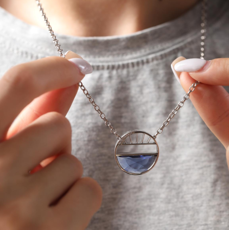 Half-moon Shape Crown Flower Blue Lab Sapphire Pendant Necklace