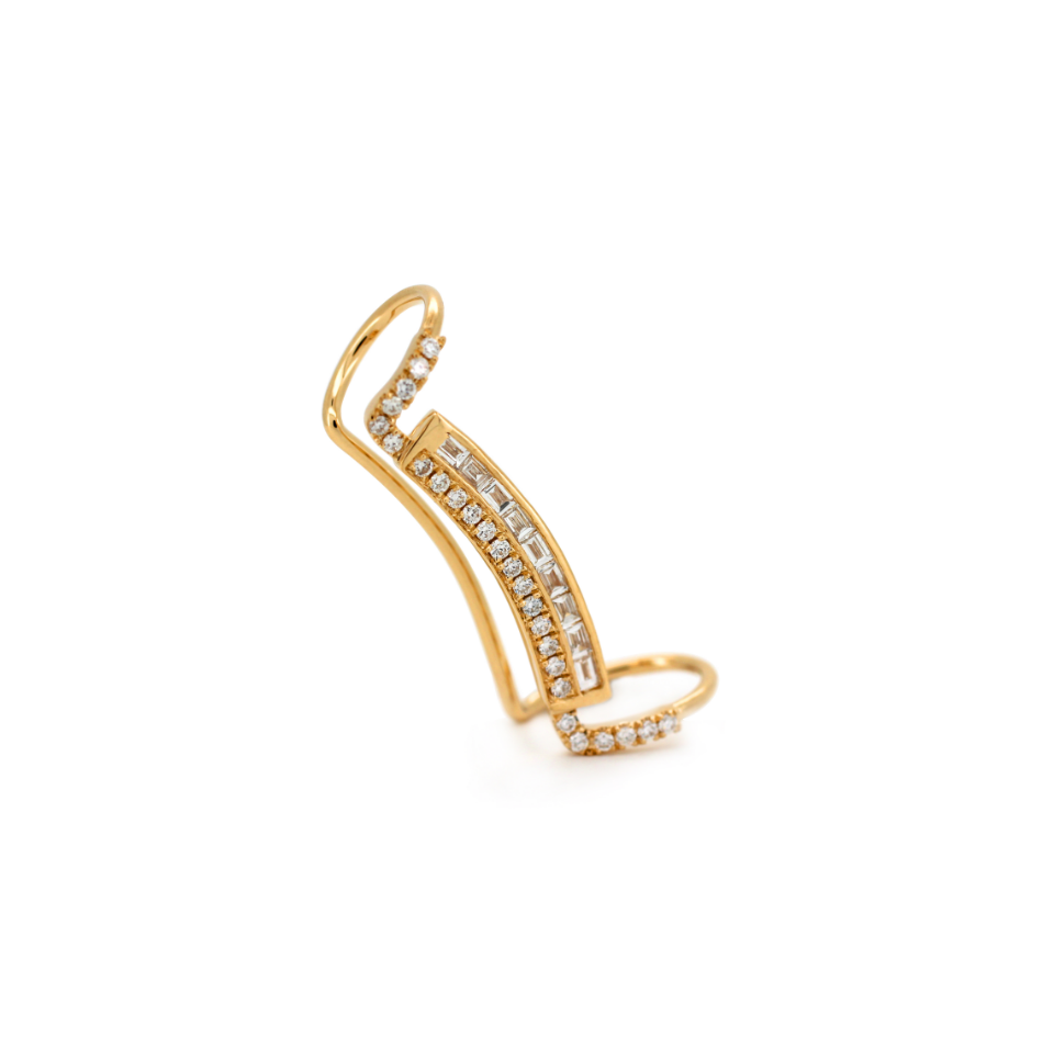 18K Yellow Gold Baguette Cut & Round Cut Lab Diamond Ear Cuffs