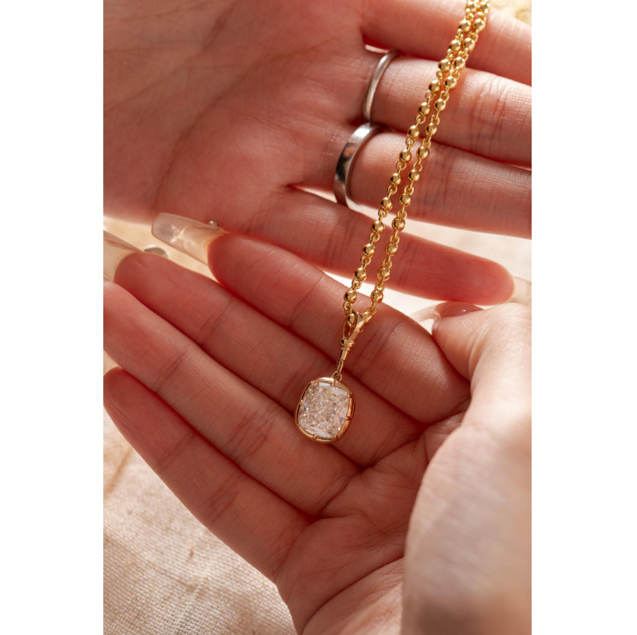 18K Yellow Gold 5ct Elongated Cushion Cut Lab Diamond Bezel Pendant Necklace with Beads Chain